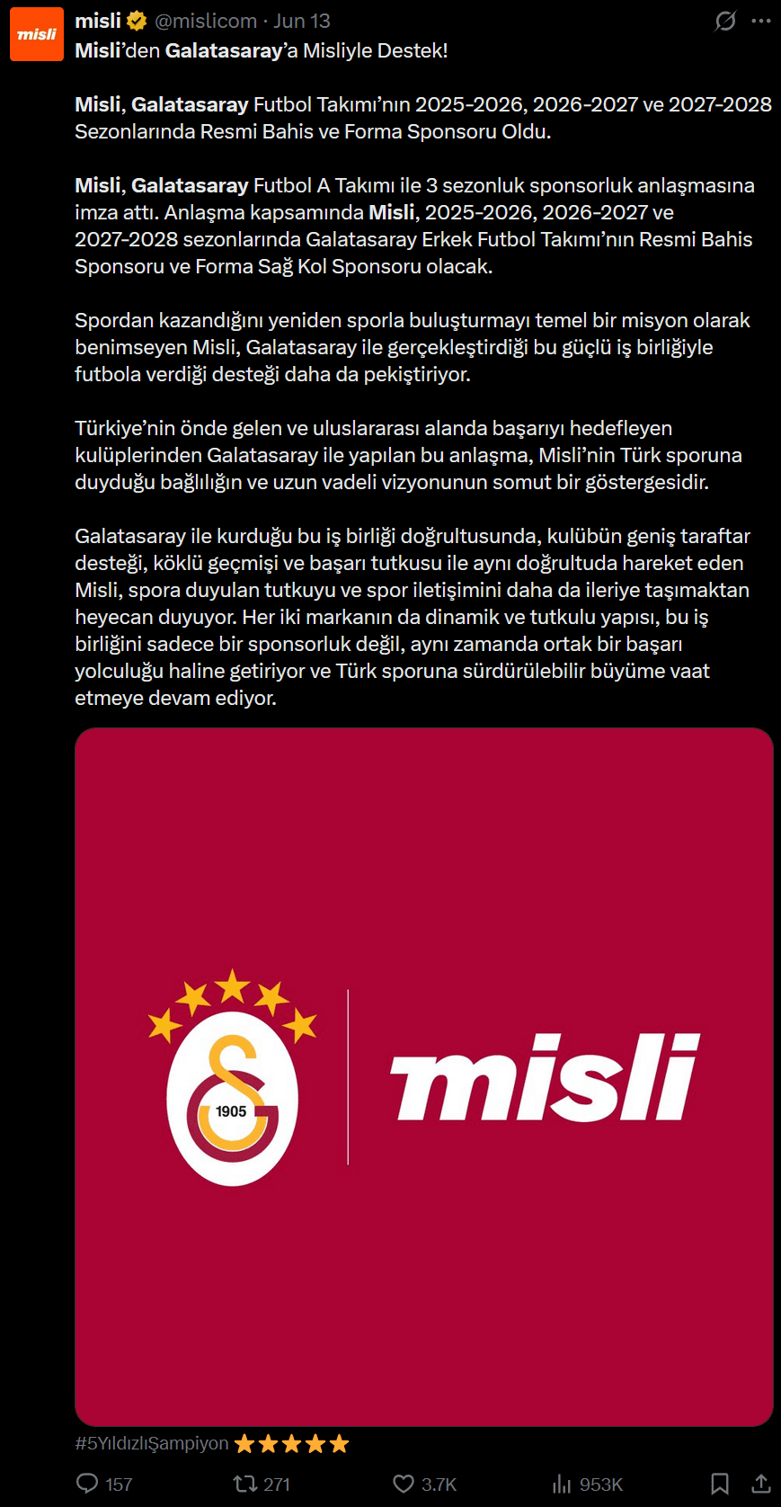 Galatasaray Sports Club has announced a new sponsorship agreement with Misli